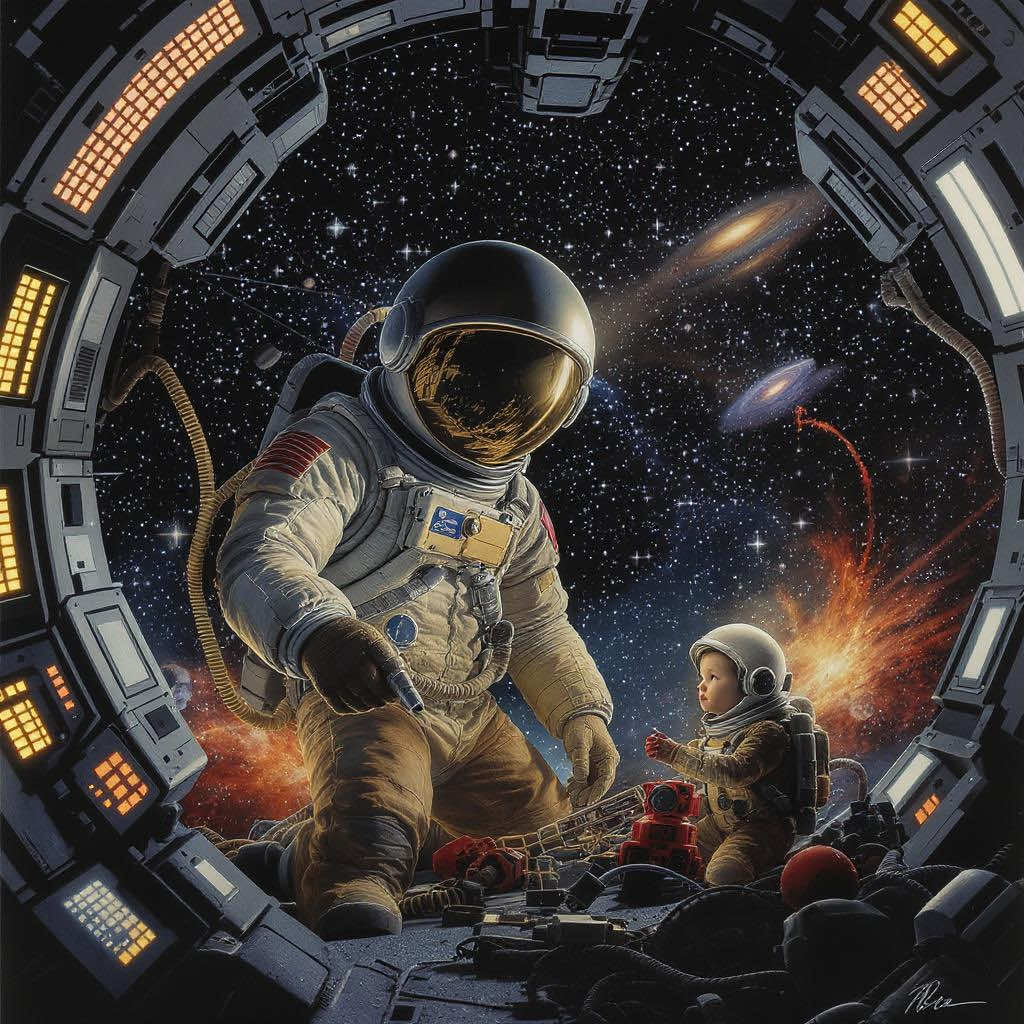 Astronaut playing with toys